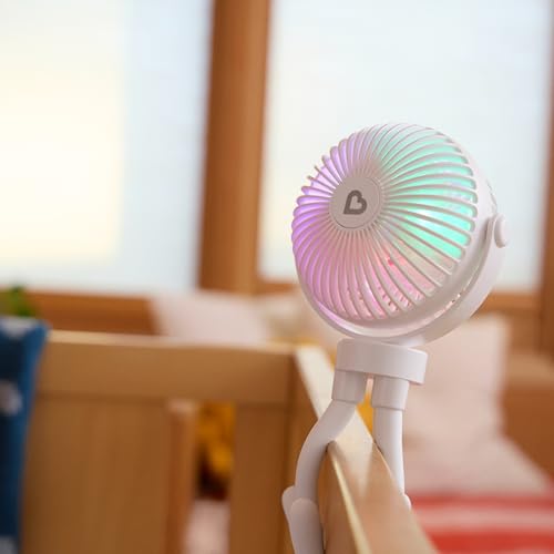 Image of Munchkin Stroller Fan - Portable Fan for Travel, Baby Gear Accessory with 4 Speeds, Flexible Clip-on Leg Attachment, Rechargeable Battery, White with Multicolored LED Lights