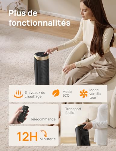Chauffage d'appoint Dreo PTC 1800W avec oscillation 70° et minuterie 12h - 8