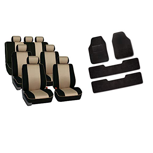 TLH Edgy Piping Style 3 Row 7 Seater Beige Automotive Car Seat Covers Full Set, Airbag Compatible Split Bench Car Seat Protector with Interior Accessories Black Carpet Car Floor Mats…