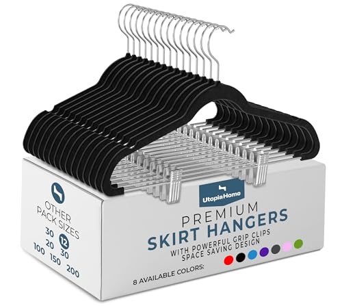 Utopia Home Premium Velvet Skirt & Trouser Hangers - Heavy Duty Non-Slip Velvet Suit Hangers with Clips For Pants Trousers or Skirt - Pack of 12 Black