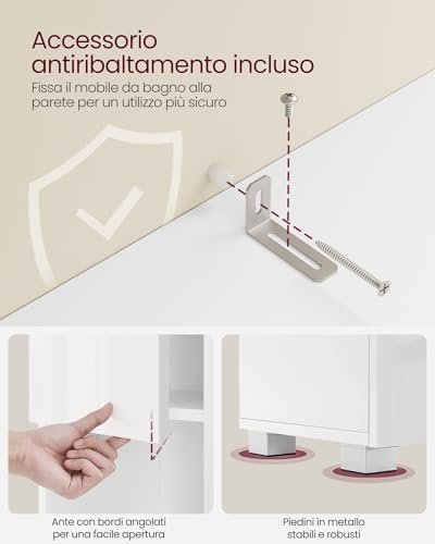 VASAGLE Mobile da Bagno, Mobiletto Portaoggetti, Alto, con Cassetto, Ripiani Regolabili, Scomparti, 30 x 30 x 170 cm, Bianco Nuvola BBC560P31 - Immagine 5