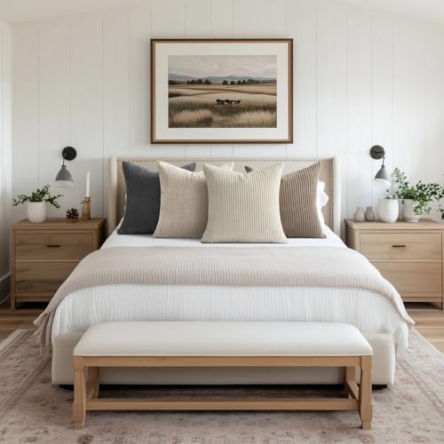 Image of Topfinel 4 Packs Natural Decorative Throw Pillows Covers 22x22 Inch for Living Room Couch Bed Sofa, Rustic Farmhouse Boho Neutral Home Decor, Soft Plush Striped Corduroy Square Cushion Case 40x40 cm