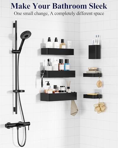 Kitsure Large Shower Caddy - Adhesive 6-Pack Bathroom Shelves, Black