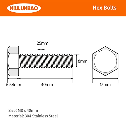 Image of M8-1.25 x 40mm Heavy Duty Hexagon Bolts Hex Head Screws, 304 Stainless Steel, Metric Machine Fully Thread, Bright Finish, Quantity 15PCS