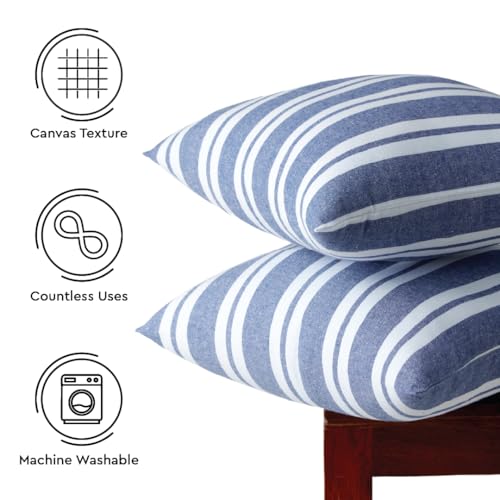 Image of Encasa XO Farmhouse Throw Pillow Covers Set of 2 (24x24 in) Franca Blue Stripes | Decorative Cushion Covers No Inserts | Plaid and Stripes Pillow Covers for Living Room, Couch