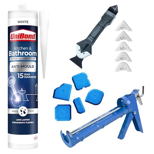 White Silicone Sealant Application Bundle With Unibond Kitchen & Bathroom Sealant, Caulking Gun, Silicone Remover Tool & Finishing Tool for Bathrooms & Kitchens