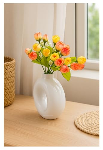 Image of SPHINX Ceramic Vase with Artificial Flowers| Flower Vase Pot for Home Decor,Living Room,Dining Table & Office|Modern Boho Minimalist Centerpiece for Decoration,Gifting (Donut with 2 Small Peonies)
