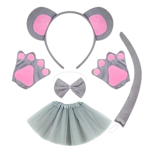 IOHJSA 5 Stück Maus Kostüm Set, Halloween Mauskostüm Damen Frauen, graues Maus-Kostüm für Erwachsene und Kinder, Haarbänder Fliege Schwanz Rock Bauschrock, für Kindertag Kostümfest Ankleiden Spielen