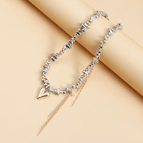 Chunky Heart Choker Necklace for Women,Vintage Irregular Beads Clavicle Necklace Punk Style Layered Tassel Necklaces Y2K Fashion Jewellery4