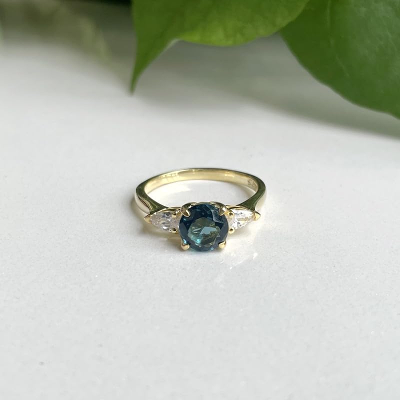 Miniatura 6 de Round & Pear Cut London Blue Topaz And White Diamond 3 Stone Engagement Ring, 14k Yellow Gold Finish Ladies Bridal Three Stone Propose Ring, Topaz &