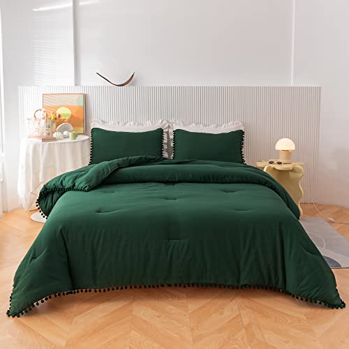 Yirddeo Dark Green Comforter Full Set 3Pcs Boho Ball Pom Pom Bedding, Aesthetic Emerald Green Comforter Full Sized Bed Set Forest Green Dark Green Bed Set For Women Men (1 Comforter 2 Pillowcases) #TOP6