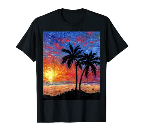 Aja Palmiers tropicaux Coucher de soleil Plage Océan Art d'été T-Shirt