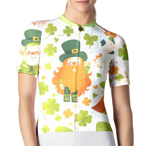 Camiseta de ciclismo floral para mujer, manga corta, secado rápido, ropa de ciclismo de verano, para excursiones deportivas, El viejo con sombrero de trébol de cuatro hojas, L