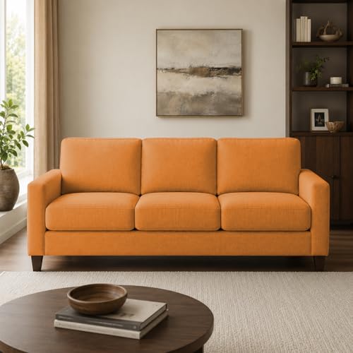 Image of Casaliving Gladino Modern Velvet Fabric Sofa, Tufted Design Upholstered 3 Seater Sofa Set for Living Room, Premium Velvet Fabric Sofa (Orange)