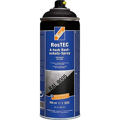 TECHNOLIT RosTEC 4-Fach Rostschutz RAL Spray 500 ml, Farbspray, Rostschutzspray, Korrosionsschutz, Grundierung, Farbe:tiefschwarz Cover