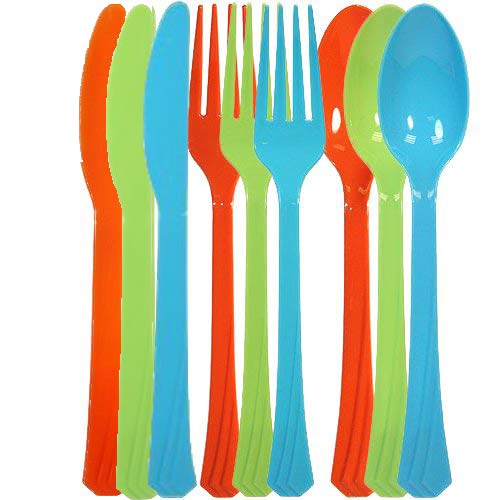 Tiger Chef 72-Pack Plastic Cutlery Set Heavy Duty Colored Plastic Silverware Set includes 24 Forks, 24 Teaspoons, and 24 Knives in Lime Green, Island