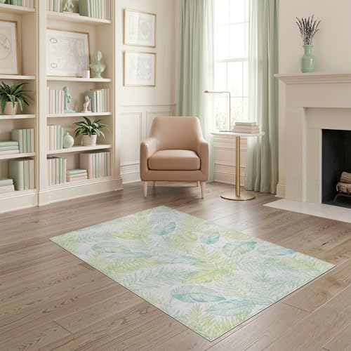 ODIKA 4'x6' Washable Flatwoven Rug, Mint Green Watercolor Leaf Easy Care Throw Carpet Stain Resistant Low Profile Floor Covering for Dorm Room, Small Living Room, Apartment | Ref:1992915