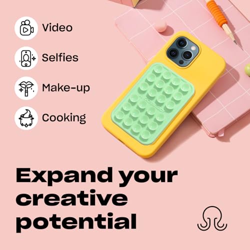 Image of OCTOBUDDY Classic MAX - Silicone Suction Phone Case Adhesive Mount - Hands-Free, Strong Grip Holder for Selfies and Videos - iPhone and Android Compatible - 2.6″ x 3.9″, Yolk Yellow