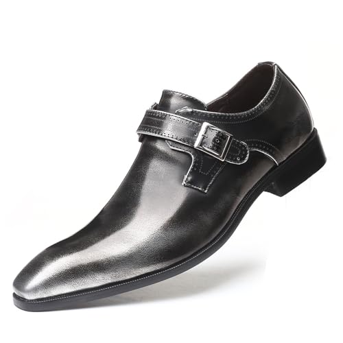 Men's Leather Rubbed Color Chunky Heel Formal Loafers Retro Pointed Metal Monk Buckle Non-Slip One-Step Business Wedding Formal Shoes