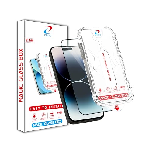 Image of CEDO Magic Box Tempered Glass for iPhone 14 Pro | Dust & Bublle Free Installation Screen Protector with auto Alignment Tool | HD Clear Quality Tempered Glass with Easy Installation Kit (Black)