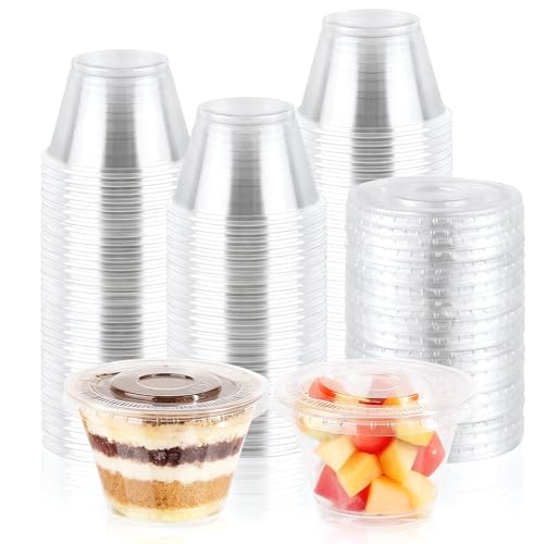 GGOLDMER 50 Sets 7 oz Clear Plastic Cups with Lids No Hole Fruit Cups with Lids Disposable Cup for Dessert Parfait Ice Cream Yogurt Pudding Cake Cold Drinks Smoothie and Snacks