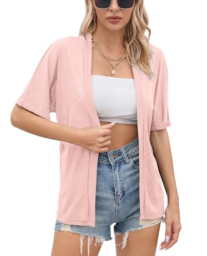 Image of Iandroiy Women's Lightweight Open Front Cardigans Casual Short Sleeve Blouse Tops