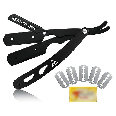 BEAUTICONE Straight Razor - Black Full Steel Barber Razor With Leaf Handle (5 double edge blades) Cover