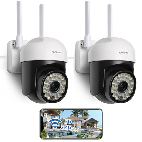 RAKEBLUE Outdoor Security Camera Wired 2 Pack,FREE Cloud Storage 1080P with 2.4G /5G WiFi,360 Degree Pan/Tilt Human Motion Detection Two Way Audio Color Night Vision