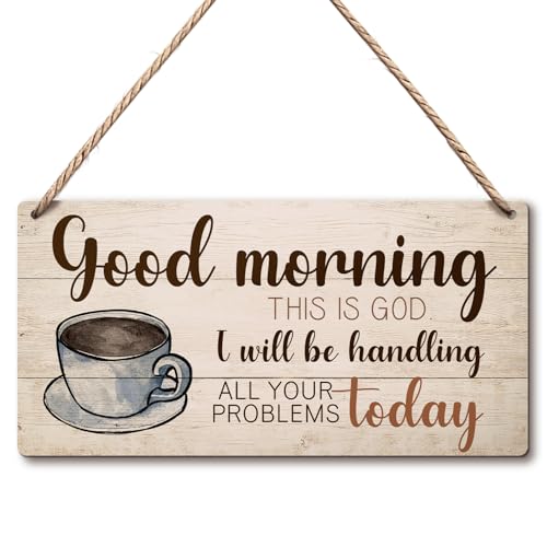 Hanging Wood Plaque with Rope, Inspirational Printed Wood Plaque Coffee Sign Hanging for Kitchen Cafe Door Office, Wall Art Home Decoration -Good Morning This is God -05