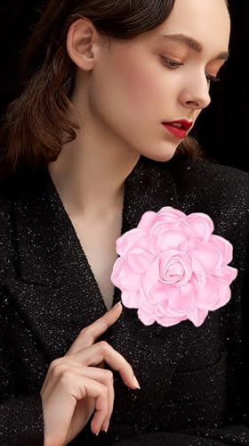 Image of Extra Large Satin Fabric Flower Brooch for Women Elegant Rose Camellia Floral Brooch Pin Handmade Big Satin Fabric Flower Statement Brooch Pin Vintage Clothing Hat Bag Accessories Christmas Wedding Bridal Birthday Jewelry