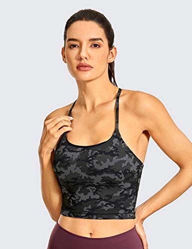 Crz Yoga Womens Y Back Longline Sports Bra - Racerback Spaghetti Straps Padded Workout Crop Tank Tops With Built In Bra Camo Multi 1 Small #TOP1