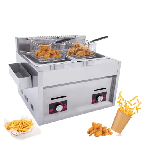 Freidora, Freidora Comercial Multifuncional De Doble Ranura con Potencia De Fuego Ajustable, Freidora A Gas Profesional con Cesta Y Tapa De Acero Inoxidable Extraíbles