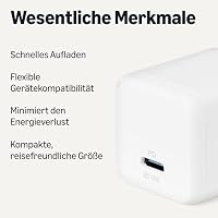 Amazon Basics USB-C-Wandladegerät mit Nano-GaN-Technologie und Schnellladefunktion, 20W, 1 Anschluss des Typs PD 3.1 für Tablets/Telefone, Weiß – Ansicht 2