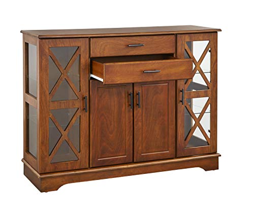 Target Marketing Systems Kendall Mid Century Modern 2 Door Tempered Glass Shelves Buffet Cabinet, 47.25\" Inch, Walnut
