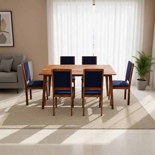 Image of Sheesham Wood Dining Table 6 Seater | Wooden Six Seater Dinning Table with Blue Cushion Chairs | Dinner Table 6 Seater | Dining Room Sets | Natural Finish