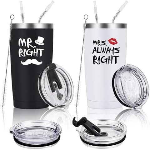 Livole Valentines Gifts for Couples, Mr Right and Mrs Always Right, Wedding, Engagement, Anniversary, Christmas Gifts, 2 Pack 20Oz Stainless Steel Double Insulated Wine Tumbler with Lids and Straws Cover