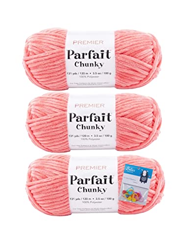 Image of Premier Yarns Parfait Chunky Chenille Yarn 3.5 Oz 6 Super Bulky Weight 3 Pack Bundle with Bella's Stitch Place Holders (Coral)