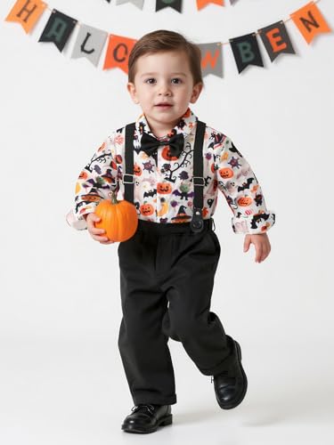Image of Boarnseorl Baby Boys Pants Sets, Infant Long Sleeve Shirt + Pants + Bow Tie + Suspenders Outfits