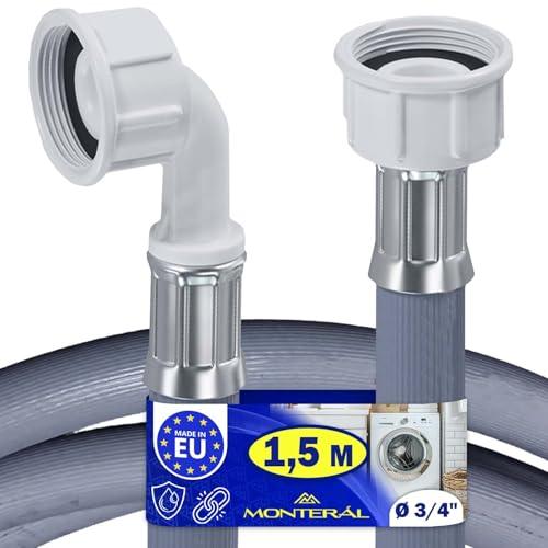 Manguera Lavadora y Lavavajillas 1,5 m para Entrada Agua Temperaturas de hasta 25°C con Válvula de Seguridad Recta y Acodada Ø 3/4 - MADE IN EU - Garantía de 10 Años - MONTERAL