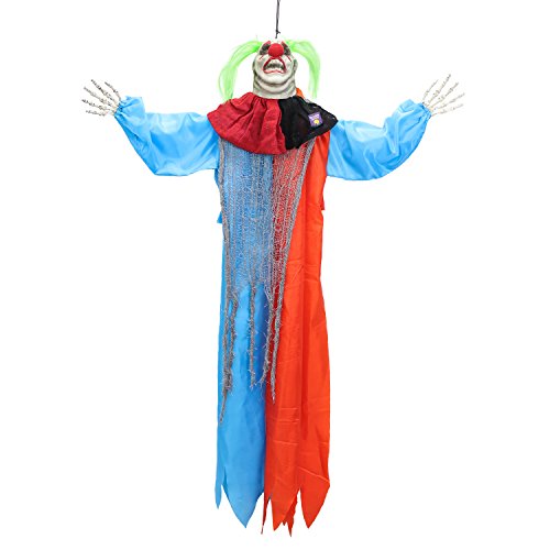 Halloween Haunters 4 Foot Hanging Circus Clown with Blue and Red Clothing Prop Decoration - 1/3 Life-Size Scale Scary Face and Fat Neck and Neon Green Hair - Fun Entryway Display