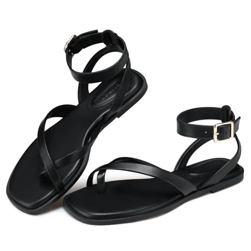 TEMOFON Women's Flat Strappy Sandals Black Size 10