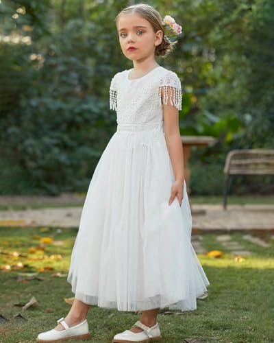 BIBIHOU Girls Lace Dress Boho Backless A Line Short Sleeve Party Flower Girl Dress 4-14 Years3