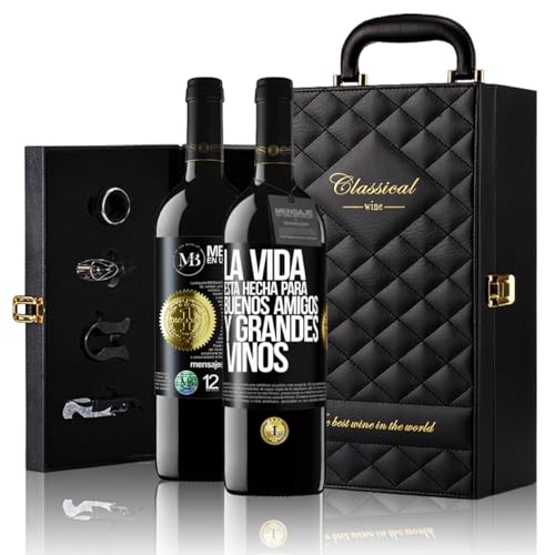 «La vida está hecha para buenos amigos y grandes vinos» Mensaje en una Botella. Estuche-Maletín de LUJO 2x Vino Tinto Premium Reserva 12 Meses y Set de 4 Accesorios. Etiqueta Negra PERSONALIZABLE