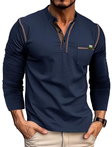 Gleam Ledra Henley T-Shirts für Herren Langarm V-Ausschnitt Sommer Baumwollmix Knopfleiste Männer Oberteile Tshirt, B Marineblau L