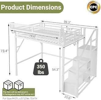 Full Size Loft Bed with Stairs and Storage, Metal Loft Bed Frame with Bedside Shelf and Large Under-Bed Space, Heavy-Duty Loft Beds for Adults Teens and Kids, Convertible Staircase, White