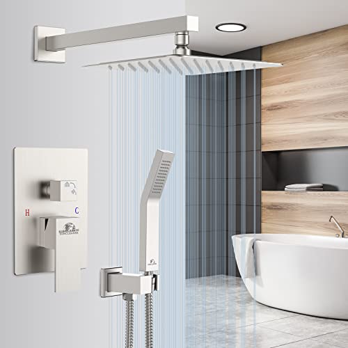 Rain Shower Faucet System Set: Rainfall Shower Faucets Sets Complete Shower Combo Set, Wall Mounted Modern Luxury Shower Systems With Rain Shower And Handheld Shower Mixer Valve, Brushed Nickel #TOP1