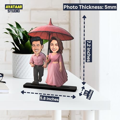 Image of Wood Rectangular Personalized Caricature Gift for Couple, 7 Inches, Tabletop Multicolor, Art Deco Style (Couple 8)