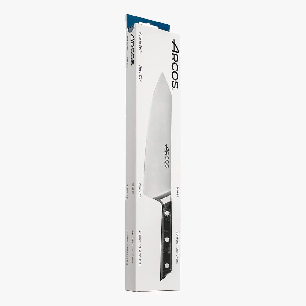 Arcos Serie Eclipse - Cuchillo de Chef - Hoja de Acero Inoxidable Forjado con Filo Seda Plus de 200 mm - Pulido Brillo Especial - Mango Acrílico - Color Negro