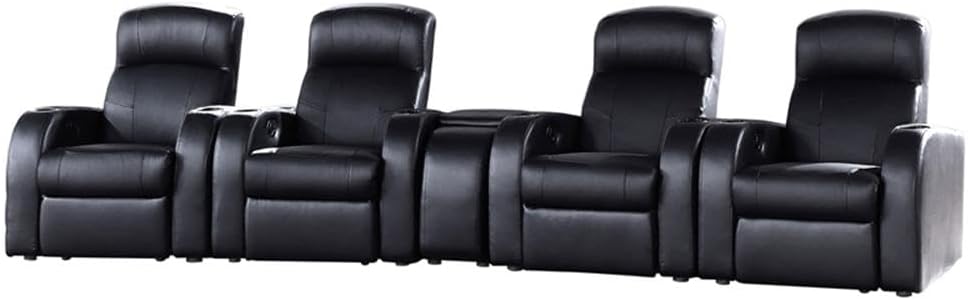 Pemberly Row 5-Piece Home Theater Seating Set, Black Top Grain Leather, Includes 4 Recliners and 1 Console with Storage and Cupholders, Wall-Hugger Manual Recline, Media or Living Room