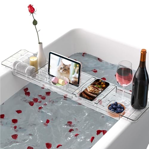 RANJIMA Badewannenablage Kunststoff, 56.5-80.5CM Verstellbares Badewannenbrett für Ipad, Bücher & Weinglas, Badewannentablett Transparente Badewannen Ablagebrett Passend für die meisten Badewannen